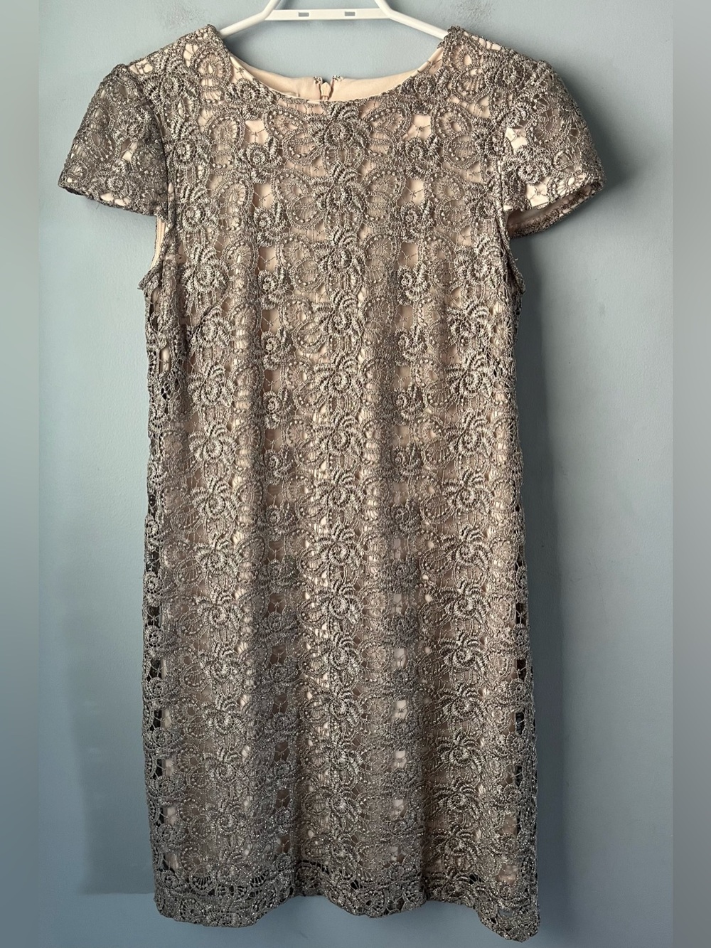 Ivy & Blue By Maggie Boutique Metallic Silver Lace Overlay Shift Dress Size 4